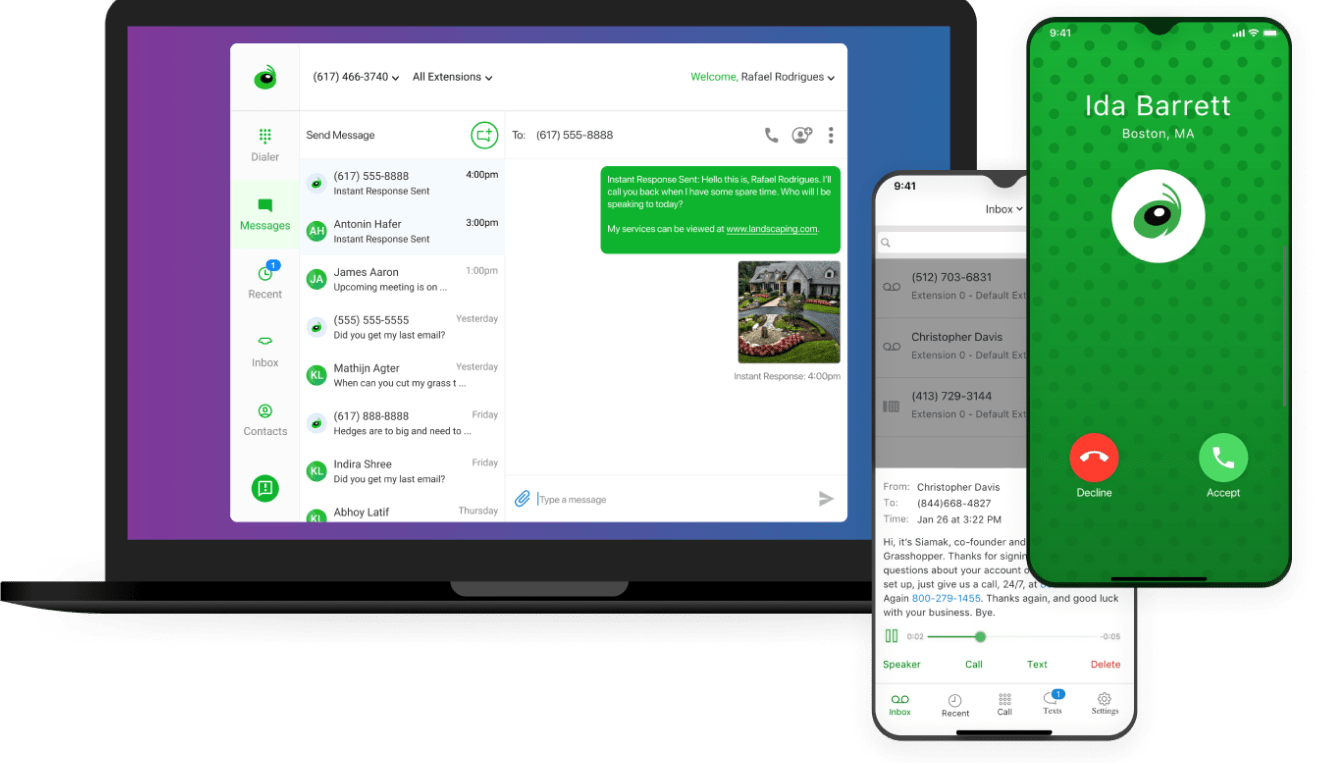 Collage of Grasshopper voicemail inbox on laptop, with mobile incoming call and voicemail transcriptions on mobile.